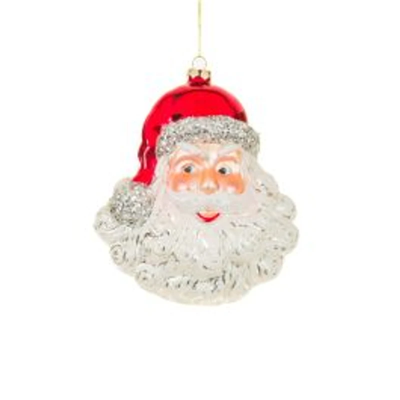 Hangable Red and Silver Glass Jolly Santa Ornament, Pack of 4