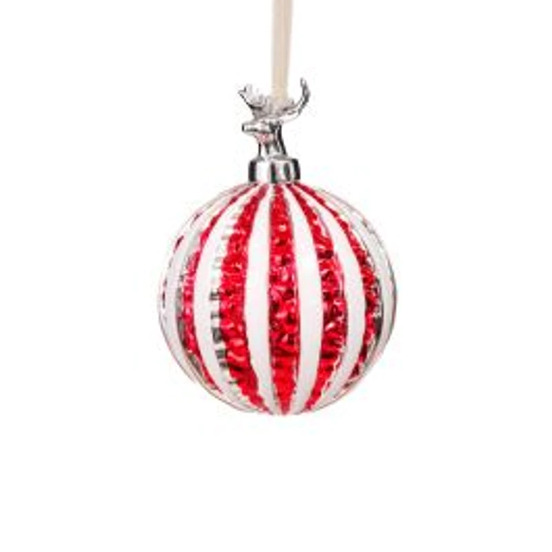 Candycane Red and White Glass Ball Ornament Deer Head Mount, Pack of 3
