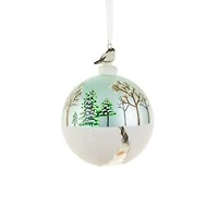 White and Light Blue Porcelain Ball Ornament Snowy Field Design, Pack of 2