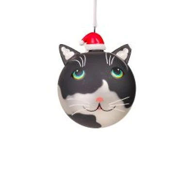 Ornements chats suspendus en porcelaine noir métallique et argent avec yeux scintillants, ensemble de 2
