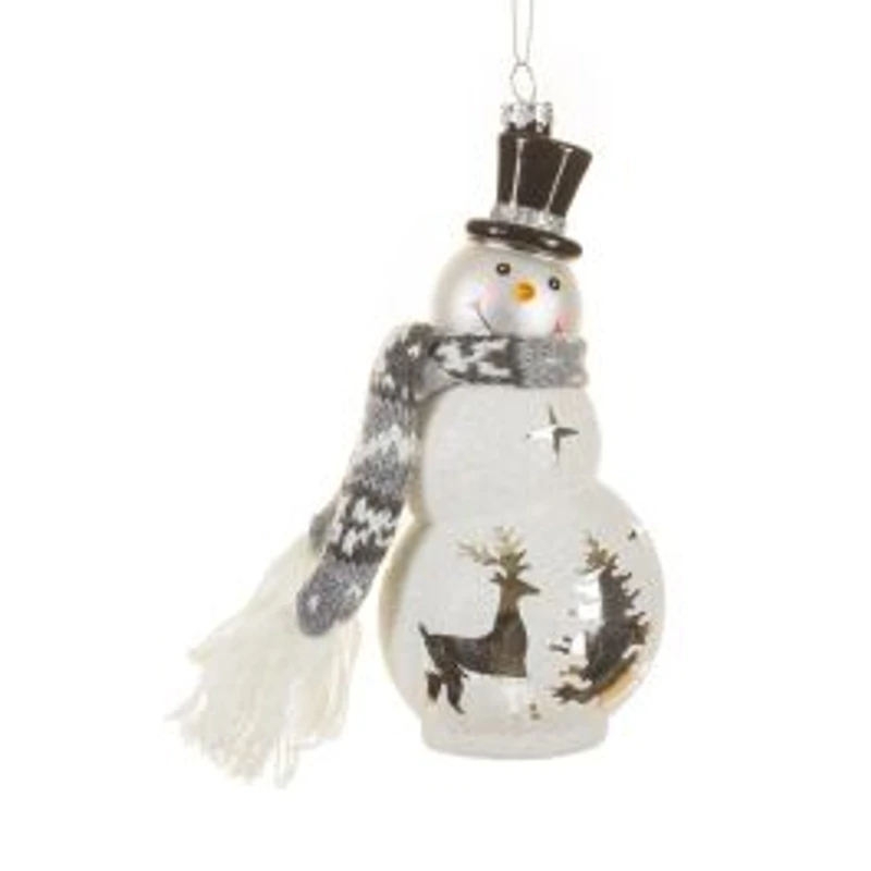 Frosted Sparkly White Glass Snowman Ornament Knitted Scarf, Pack of 2