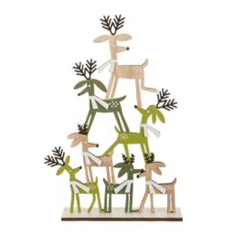 Off-White and Green Wooden Deer Pyramid Accent, Pack of 4