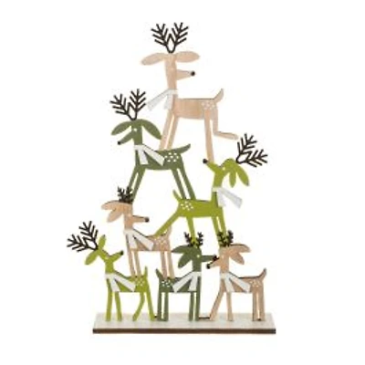 Off-White and Green Wooden Deer Pyramid Accent, Pack of 4