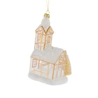 Hanging Gold Glass Snowy Chapel Ornament, Pack of 2