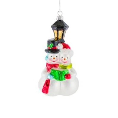 Matte White Glass Caroling Snowmen Ornament Lamp Post, Pack of 3