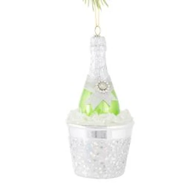 Silver Glass Champagne On Ice Ornament Green Ribbon, Pack of 3