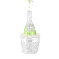 Silver Glass Champagne On Ice Ornament Green Ribbon, Pack of 3