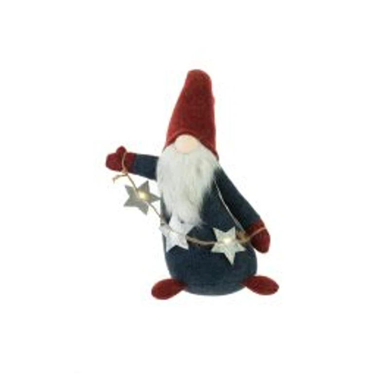Plaid Blue and Red Cloth Waving LED Gnome with Star Garland