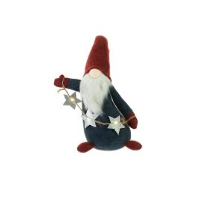 Plaid Blue and Red Cloth Waving LED Gnome with Star Garland