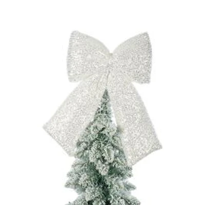 Sequin Silver and White Fabric Ribbon Tree Topper