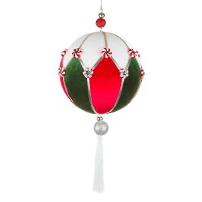 White and Red Fabric Ball Ornament with Tassel, Pack of 2