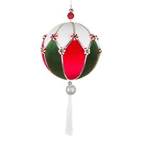 White and Red Fabric Ball Ornament with Tassel, Pack of 2