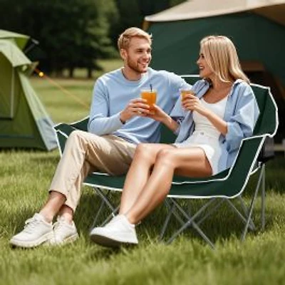 Chaise de camping Duo, canapé deux places surdimensionné portable, accoudoirs et porte-gobelets - Vert