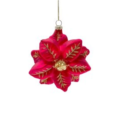 Red Glass Poinsettia Ornament Gold Detailing, Pack of 3