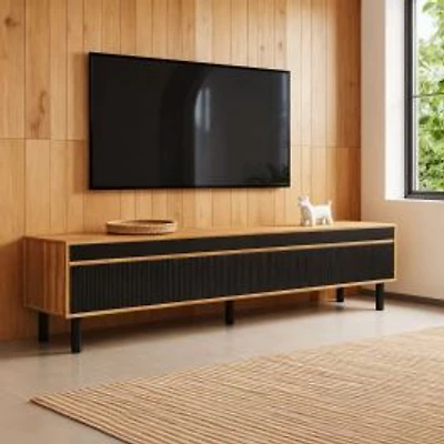 Modern 67" TV Stand with 4 Doors, Black & Natural Wood