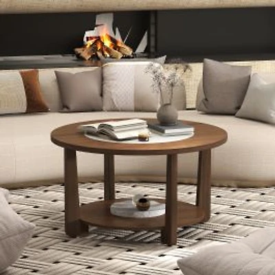Farmhouse Accent Round Coffee Table, 2-Tone Tabletop and Open Storage Shelf for Living Room - Brown