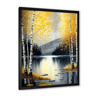 Monochrome Golden Birch Trees By The Lake I Wall Art