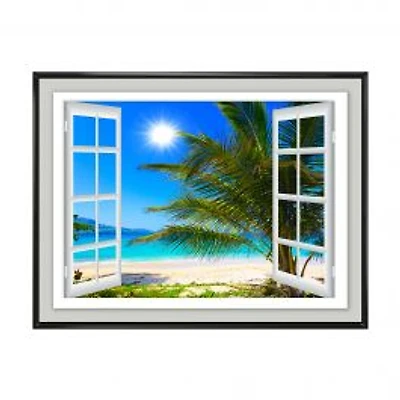 Window Open to Beach with Palm Canvas Art
