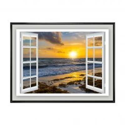 Open Window to Bright Yellow Sunset Canvas Wall Art Print