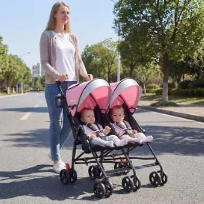 Foldable Twin Baby Double Stroller Ultralight Umbrella Kids Stroller - Pink