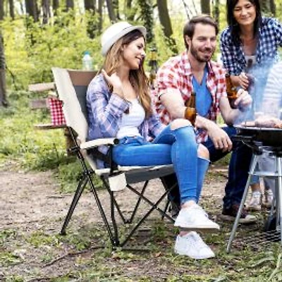 Folding Camping Chair, Cup Holder Armrest and Lumbar Pillow