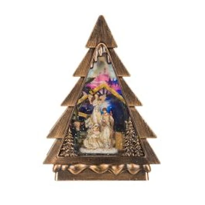 Musical Bronze Plastic Christmas Tree Warm White LED Snow Globe Nativity Scene