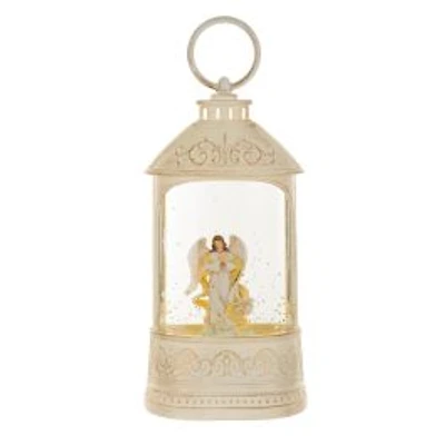 Musical White Plastic Lantern LED Snow Globe Peaceful Angel and Swirling Glitter