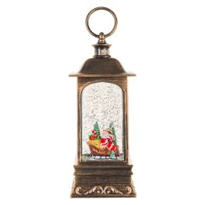Musical Bronze Plastic Lantern Warm White LED Snow Globe Santa In Sleigh