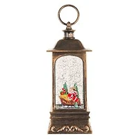 Musical Bronze Plastic Lantern Warm White LED Snow Globe Santa In Sleigh