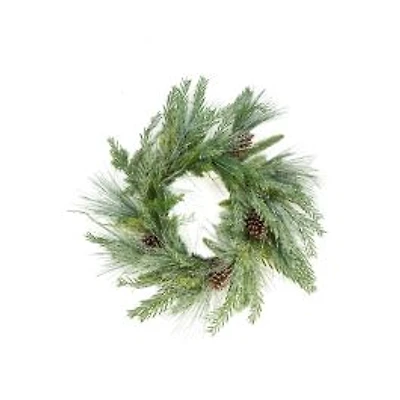 Hangable Green Pvc Wreath with Frosted Pinecones
