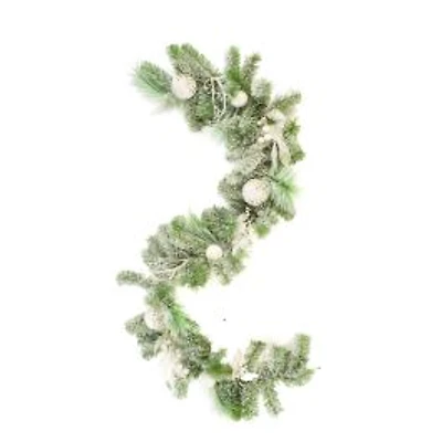 Hangable Flocked White Plastic Fir and Pine Garland Harlequin Bulbs