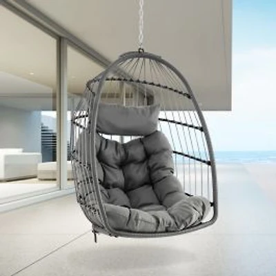 Hanging Egg Chair with Head Pillow and Large Seat Cushion-Gray