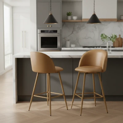 Set of 2 Swivel 26.8" Counter Bar Stools - Cognac Brown Faux Leather