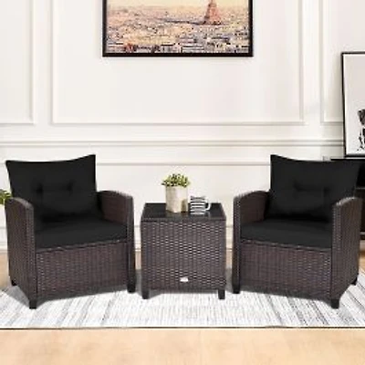 3-Piece Cushioned Rattan Patio Conversation Set, Coffee Table