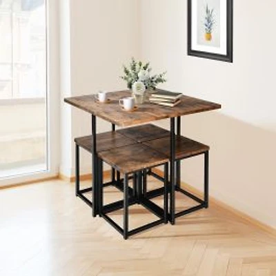 5-Piece Metal Frame Dining Set, Compact Dining Table and 4 Stools