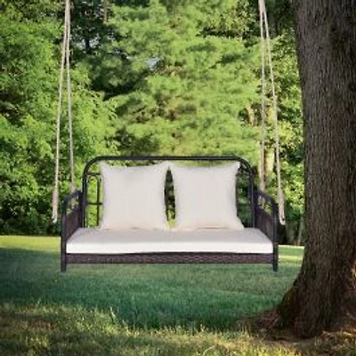 880LBS Wicker Hanging Porch Swing, Cushions - White