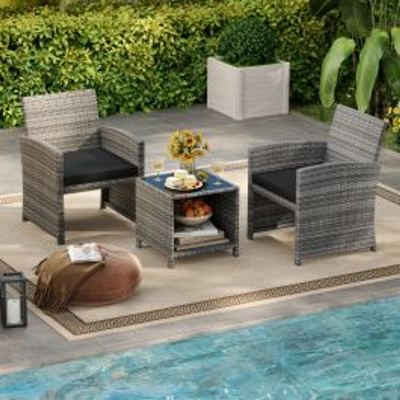Ensemble de mobilier de jardin 3 pièces, table basse en verre trempé et coussins d'assise moelleux