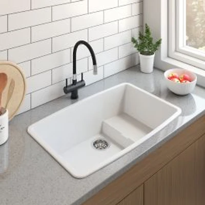 BloomBath Granite Double Bowl Top Mount Kitchen Sink - White