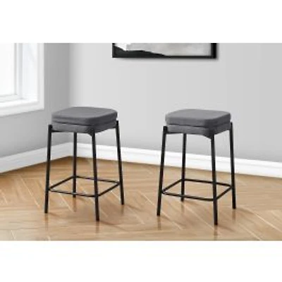 Barstool, Set of 2 - Grey Fabric and Black Metal, Counter Height