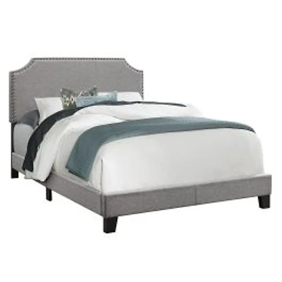 Grey Bed Frame with a Chrome Metal Nail Head Trim - Double