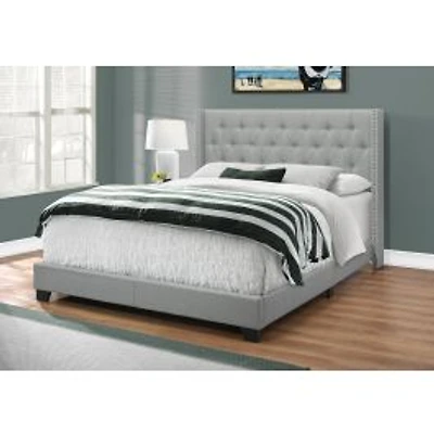 Elegant Wingback Headboard Grey Linen With Chrome Trim - Queen