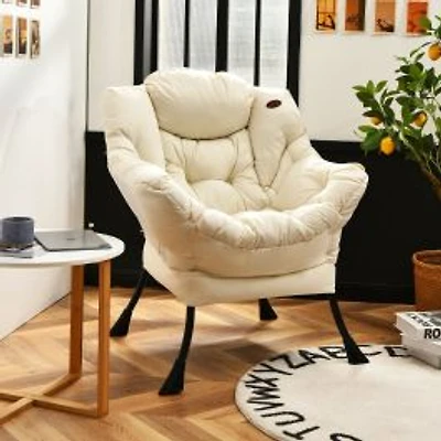 Modern Polyester Fabric Lazy Chair, Steel Frame and Side Pocket - Beige