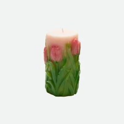 Unscented Wax Tulips Engraved Pillar Candle, Medium - Assorted