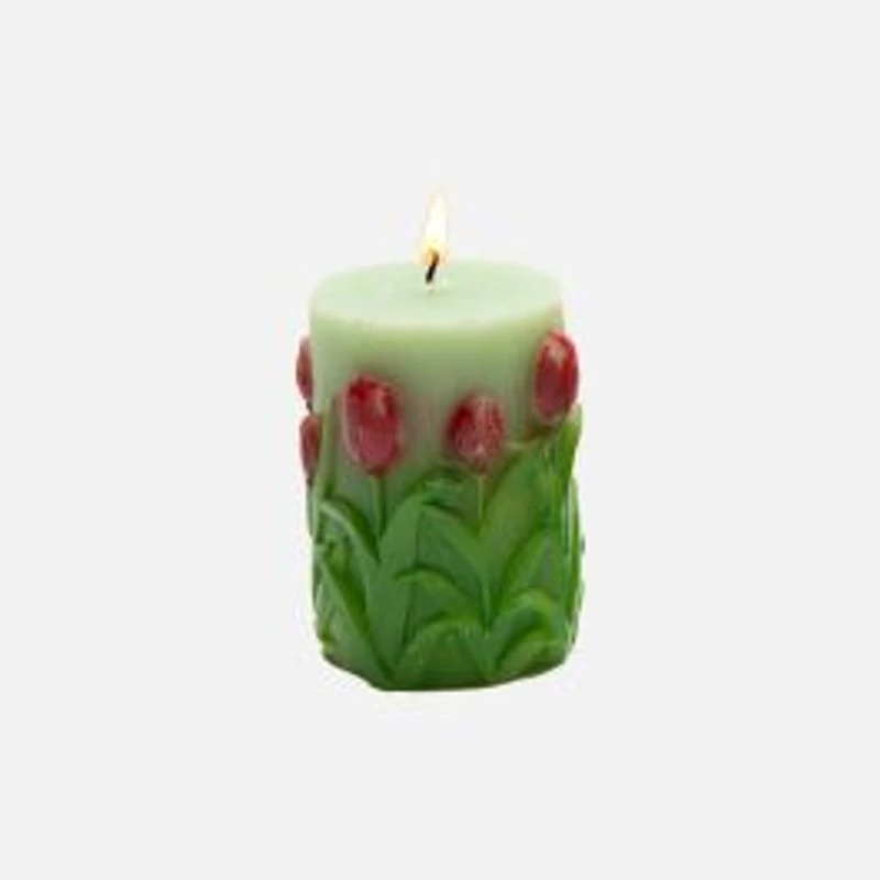 Unscented Wax Tulip Engraved Pillar Candle, Large - Assorted