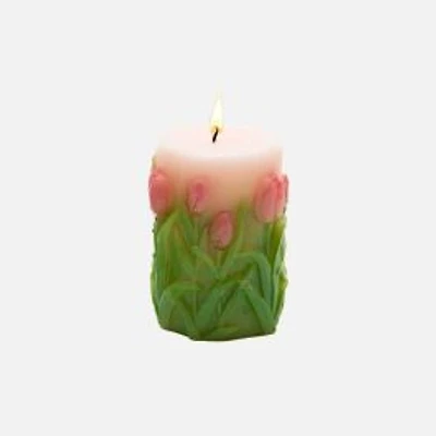Unscented Wax Tulips Engraved Pillar Candle, Small - Assorted