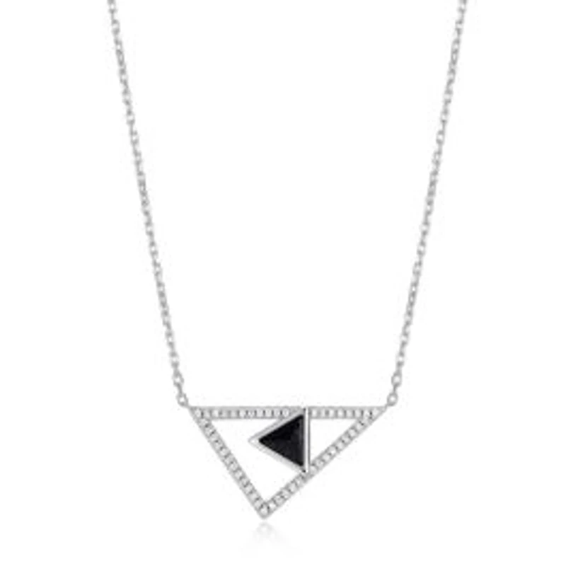 ELLE Sterling Silver, Cubic Zirconia & Genuine Black Agate Double Triangle Necklace