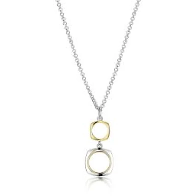 ELLE 18K Gold Plated Sterling Silver 2-Tone Double Square Drop Pendant Necklace
