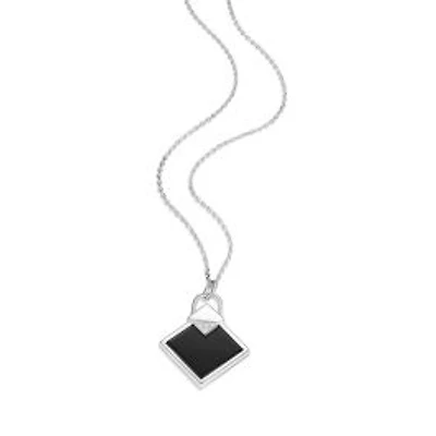 ELLE Sterling Silver, Cubic Zirconia & Genuine Black Agate Square Lock Pendant Necklace