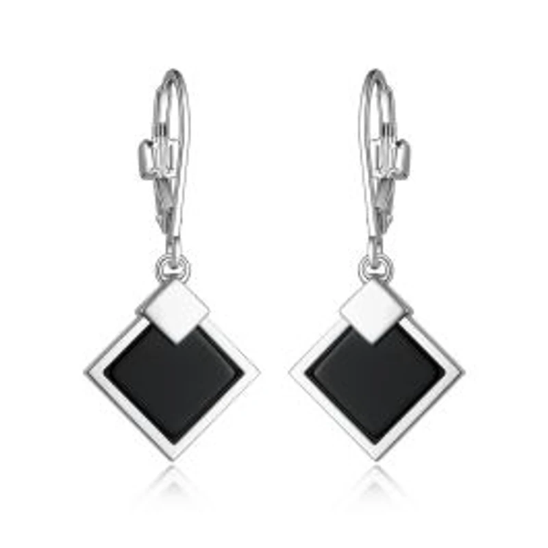 ELLE Sterling Silver & Genuine Black Agate Square Lock Earrings