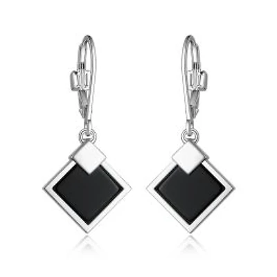 ELLE Sterling Silver & Genuine Black Agate Square Lock Earrings